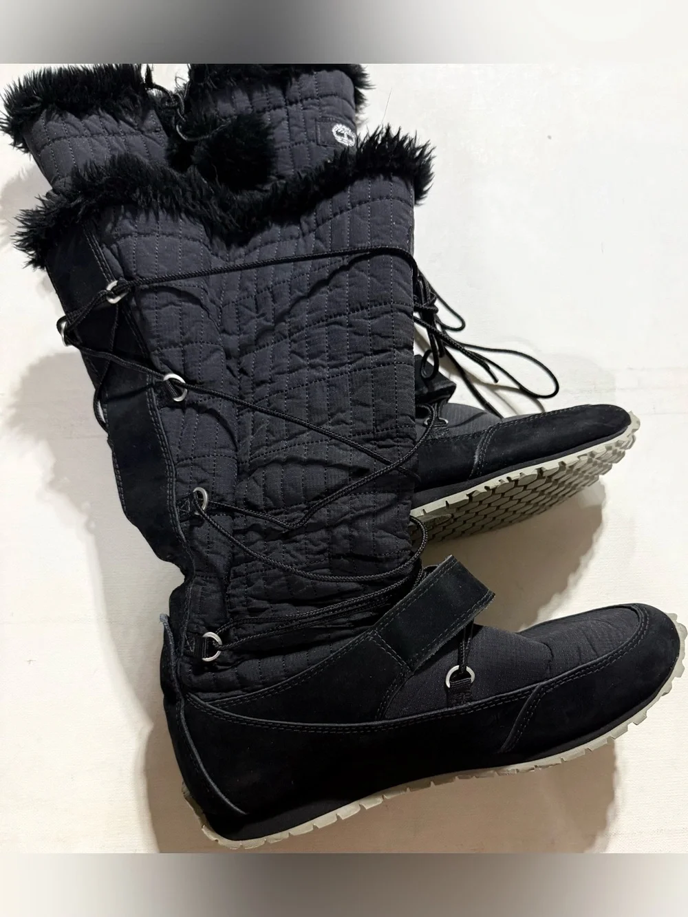 Timberland Black Quilted Lace-Up Winter Boots with Faux Fur Trim